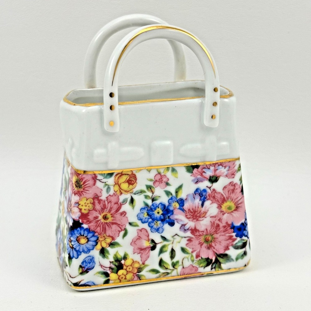 Nantucket Home Miniature Porcelain Bag Purse Tote Planter Vase Trinket Floral